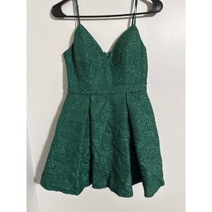 Lulus Emerald Green Rose Jacquard Fit and Flare Cocktail Dress XS Pockets